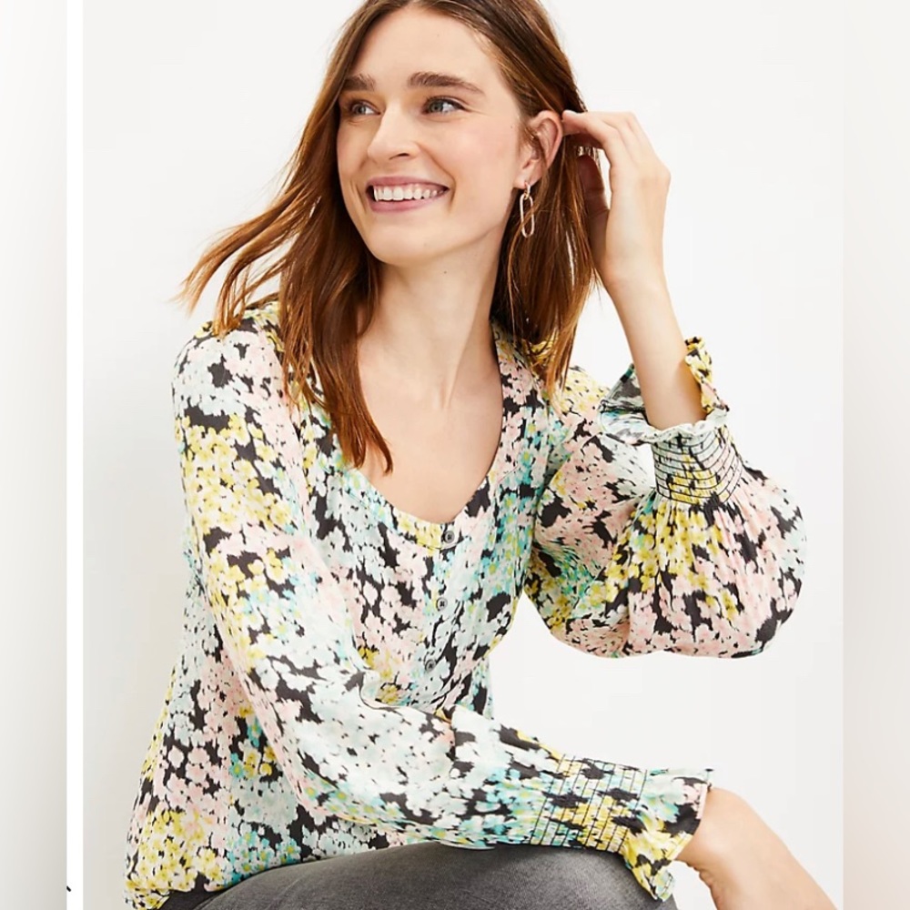 LOFT NWT Garden Smocked Cuff Square Neck Blouse‎